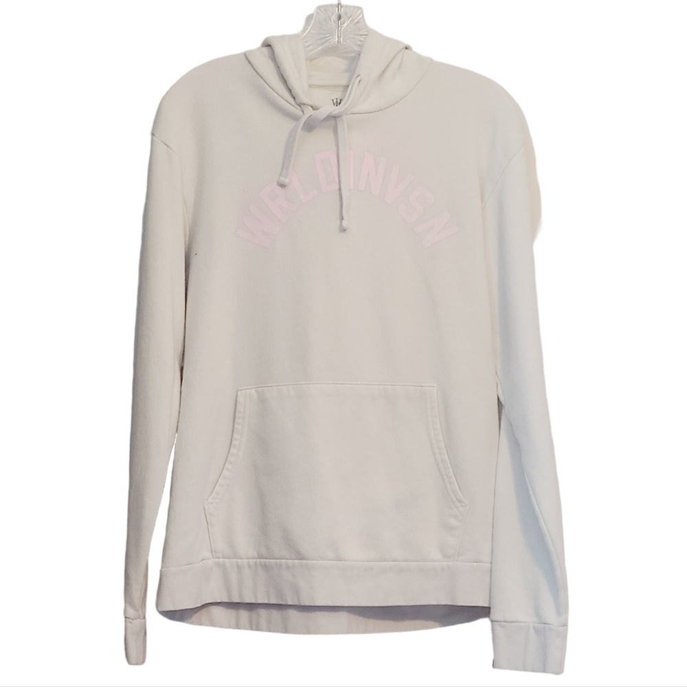 WrldInvsn | Women's White Graphic Hoodie Pullover Sweatshirt (Size Medium)